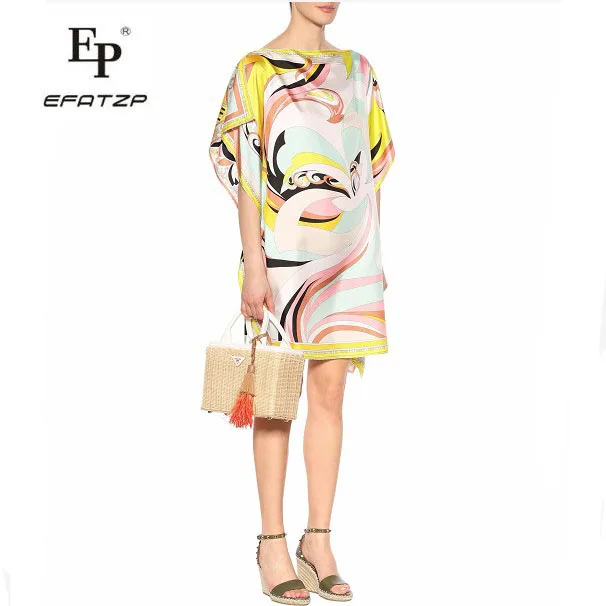 

EFATZP 2022 Summer Designer Dress Women's Short Sleeves Multico Geometric Print Stretch Jersey Loose Silk Day Dresses