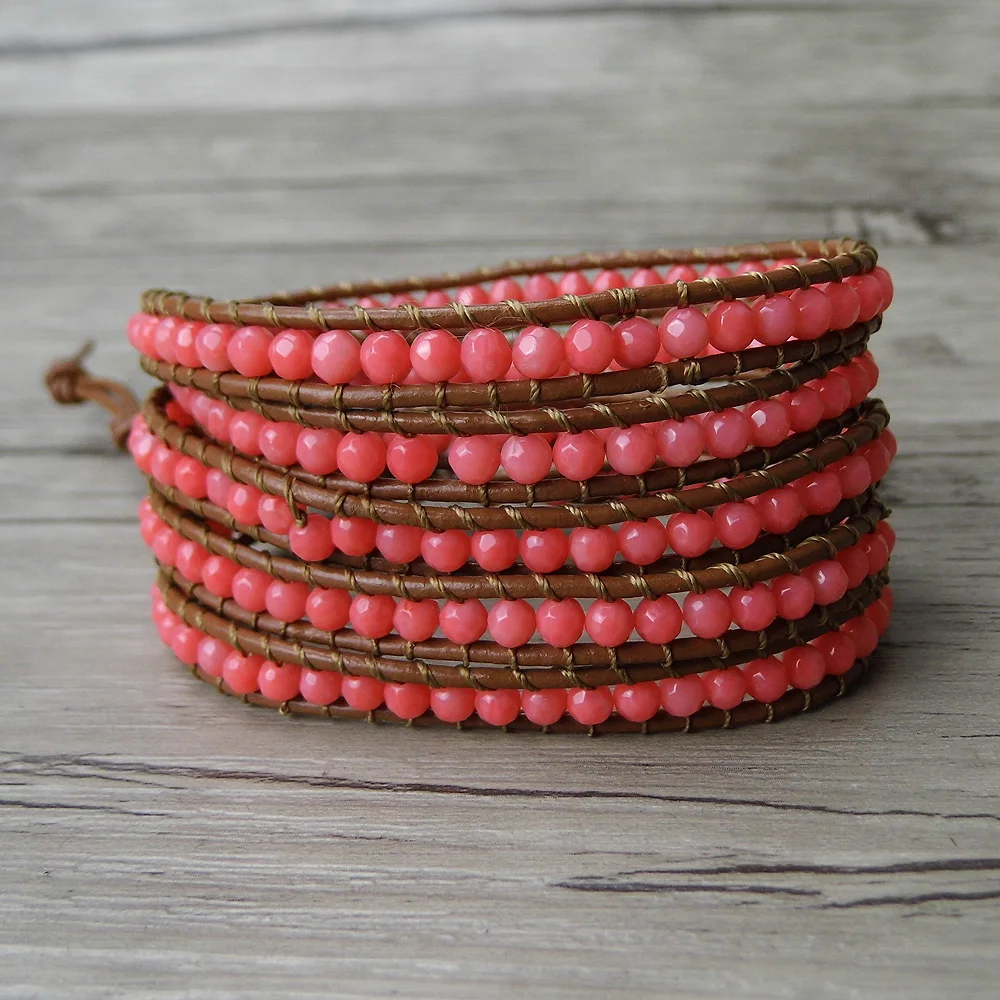 pink bead wraps bracelet faceted coral beads bracelet gypsy leather wrap bracelet boho stack 5 wraps Woven JEWELRY 
pink bead wraps bracelet faceted coral beads bracelet gypsy leather wrap bracelet boho stack 5 wraps Woven JEWELRY
