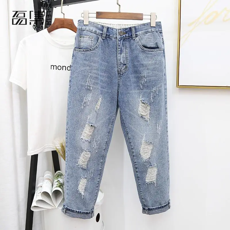 Ripped Jeans For Women High Waisted Zipper Fly Plus Size light blue Loose Ankle-length Denim Harem Pants 5XL 2019 autumn
Ripped Jeans For Women High Waisted Zipper Fly Plus Size light blue Loose Ankle-length Denim Harem Pants 5XL 2019 autumn