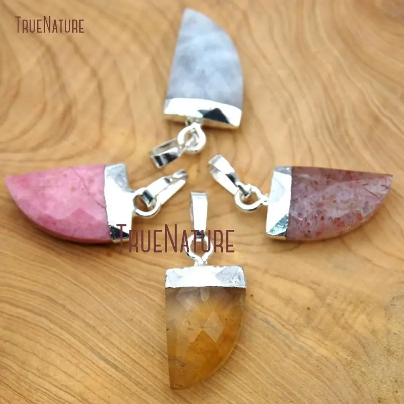 Silver Faceted Horn Tusk Pendant Rhodonite Aquamarines Topazs Saffronite Stawberry Quartz 21x11mm PM15614 | Украшения и