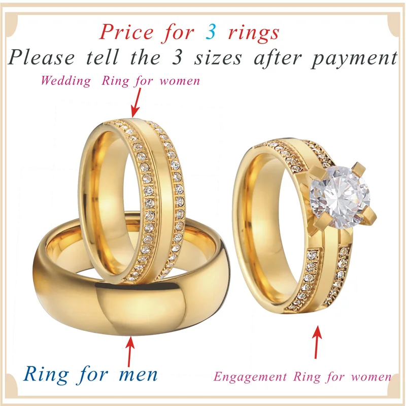 China wholesaler beautiful custom gold color 3 pieces titanium steel couples wedding band engagement rings sets anel (5)