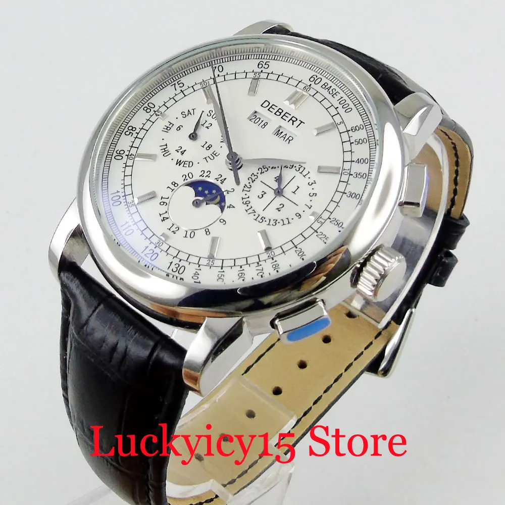 DEBERT Brand 42mm Multifunctional Polished Case Year/Date/Moon Phase/Month Indicator Automatic Men's Watch
DEBERT Brand 42mm Multifunctional Polished Case Year/Date/Moon Phase/Month Indicator Automatic Men's Watch