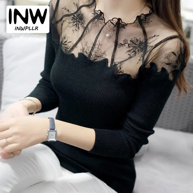 Sexy Slim Pullovers Female 2019 New Long Sleeve Gauze Lace Stitching Sweater Women Fashion Knitted Sweater Sueter Mujer
Sexy Slim Pullovers Female 2019 New Long Sleeve Gauze Lace Stitching Sweater Women Fashion Knitted Sweater Sueter Mujer