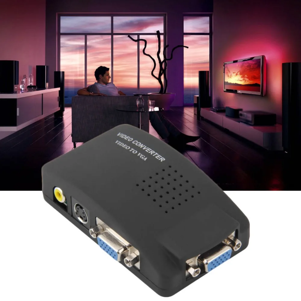 PC Laptop Composite AV/S Video To VGA TV Converter Monitor Adapter Switch Box LCD Out Converter Adapter Switch Box Black