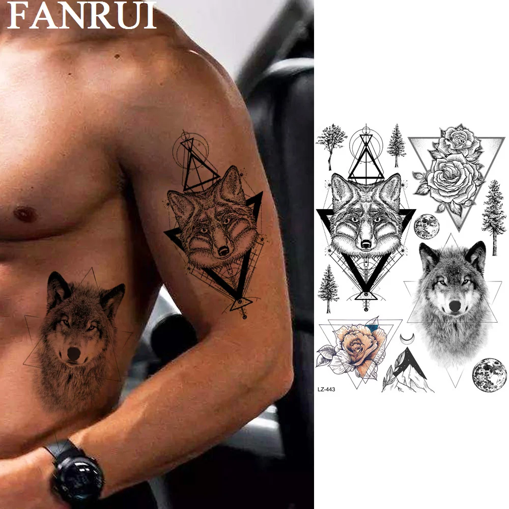 Временные татуировки для мужчин FANRUI волк лиса роза цветок наклейки треугольные