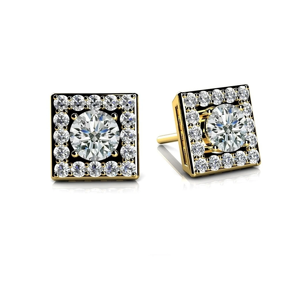 Round Cut Natural Diamond Square Halo Stud Earrings In 14k Yellow Gold (0.48 Carat ,F-G SI1)
