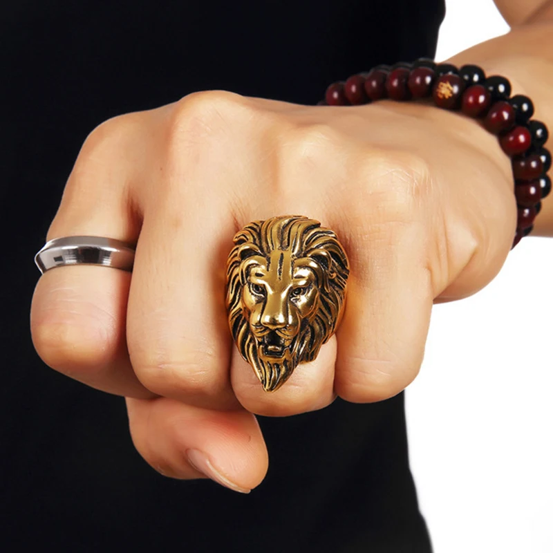 Мужское кольцо с головой льва Винтажное золотого цвета в стиле ретро панк хип