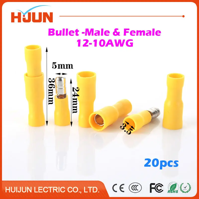 20pcs/lot Bullet-Male & Bullet-Female Quick Disconnect Cable Wire Splice Insulation Terminal Connector 4-6mm2 12-10AWG 24A
20pcs/lot Bullet-Male & Bullet-Female Quick Disconnect Cable Wire Splice Insulation Terminal Connector 4-6mm2 12-10AWG 24A