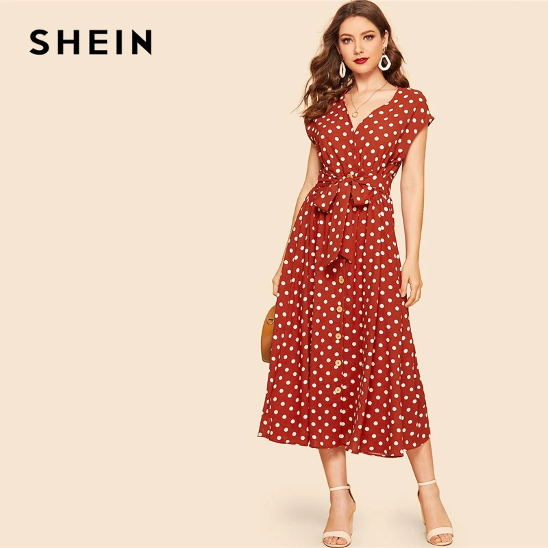 

SHEIN Vintage Rust Polka-dot Print Belted Shirt Button Dress Women 2019 Summer Cap Sleeve V Neck Long Solid Shift Dresses