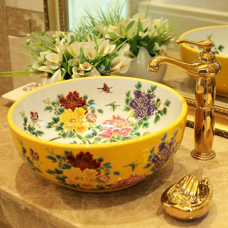 

China Artistic Procelain Handmade Europe Vintage Lavabo Washbasin Ceramic Bathroom Sink Counter Top custom wash basin peony