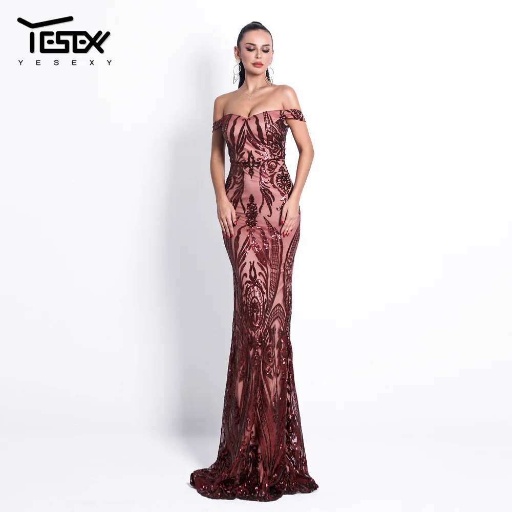

Yesexy 2019 Women Sexy Bra Off Shoulder Dresses Female Backless Sequin Elegant Maxi Party Dress Vestdios VR18691-1