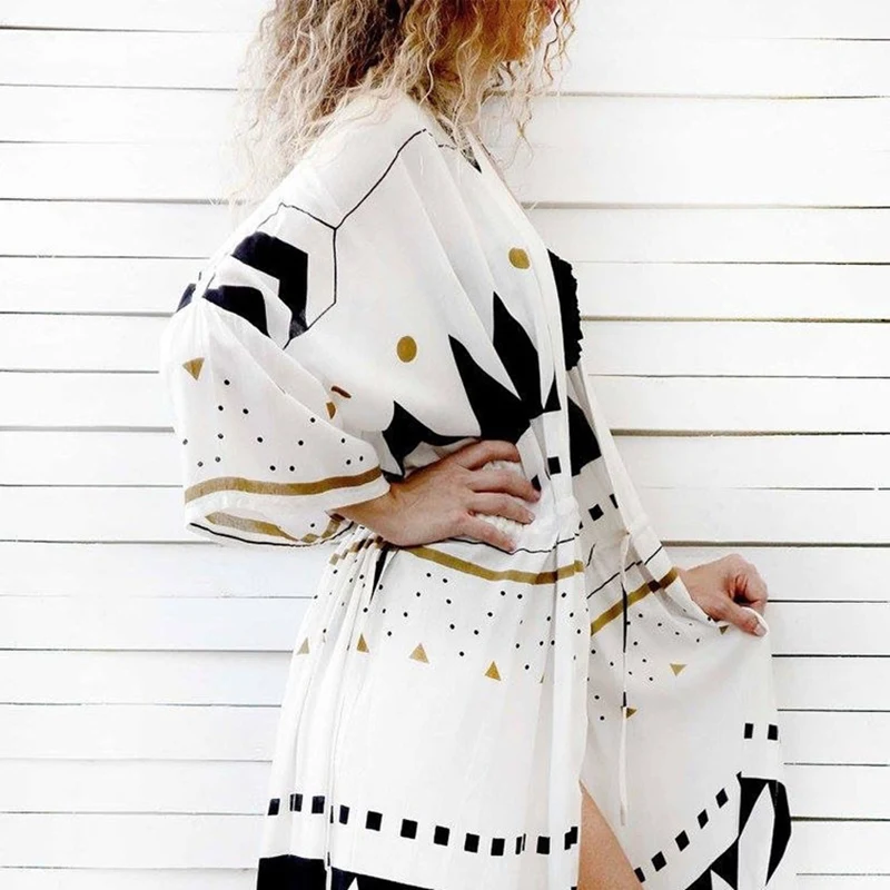 Swimsuit Cover Up 2020 Women Pareo Beach Dress Wears Print Loose Long Cardigan Bathing Suit Ups | Женская одежда