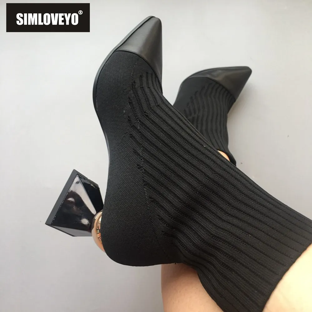 SIMLOVEYO Women Ankle Boots Sock leather strange heel Triangle Pointed toe Slip on stretch Knitted Big size 43 Bota Feminina 
SIMLOVEYO Women Ankle Boots Sock leather strange heel Triangle Pointed toe Slip on stretch Knitted Big size 43 Bota Feminina