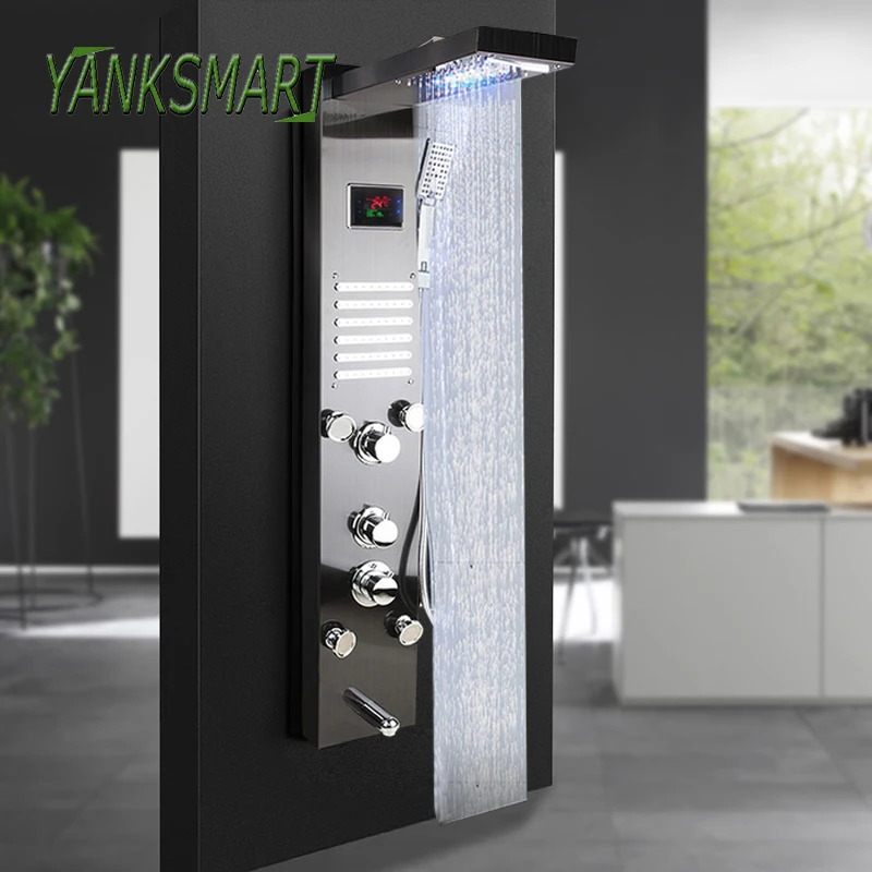 

YANKSMART Nickel Brushed Black Digital Display Shower Panel Column LED Rain Waterfall Shower Spa Jets Bath Shower Mixer Faucet