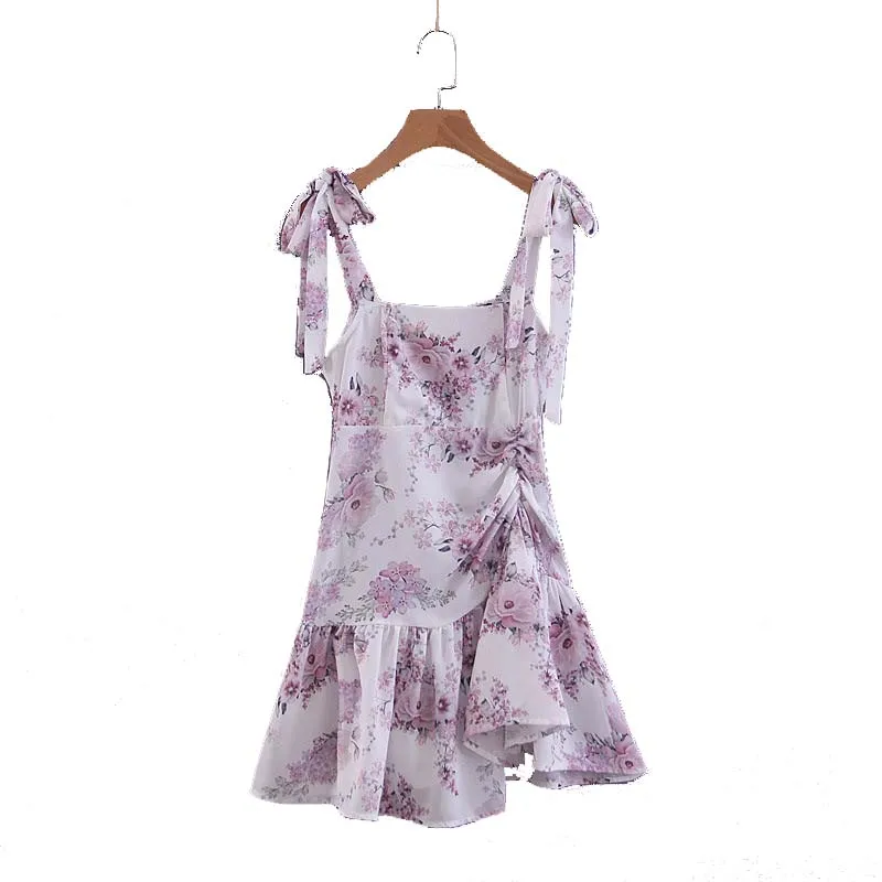 QZ617 Women Sweet Strap Belt Romatic Purple Floral Print Front Pleated Ruffles Bottom Dress Mini Vestidos
QZ617 Women Sweet Strap Belt Romatic Purple Floral Print Front Pleated Ruffles Bottom Dress Mini Vestidos