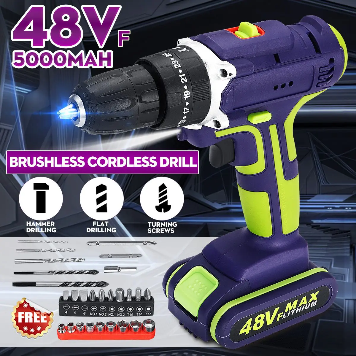 3 in 1 Professional 48V Cordless drill Daul-Speed Adjustment LED Large capacity battery 50Nm 25+1 torque 28pcs Accessories
3 in 1 Professional 48V Cordless drill Daul-Speed Adjustment LED Large capacity battery 50Nm 25+1 torque 28pcs Accessories