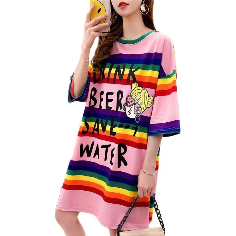 Oversized Striped Rainbow Dress tshirt Female Casual Summer Dress Loose O-neck Short Sleeve Long Shirt Letter Print Robe f620
Oversized Striped Rainbow Dress tshirt Female Casual Summer Dress Loose O-neck Short Sleeve Long Shirt Letter Print Robe f620