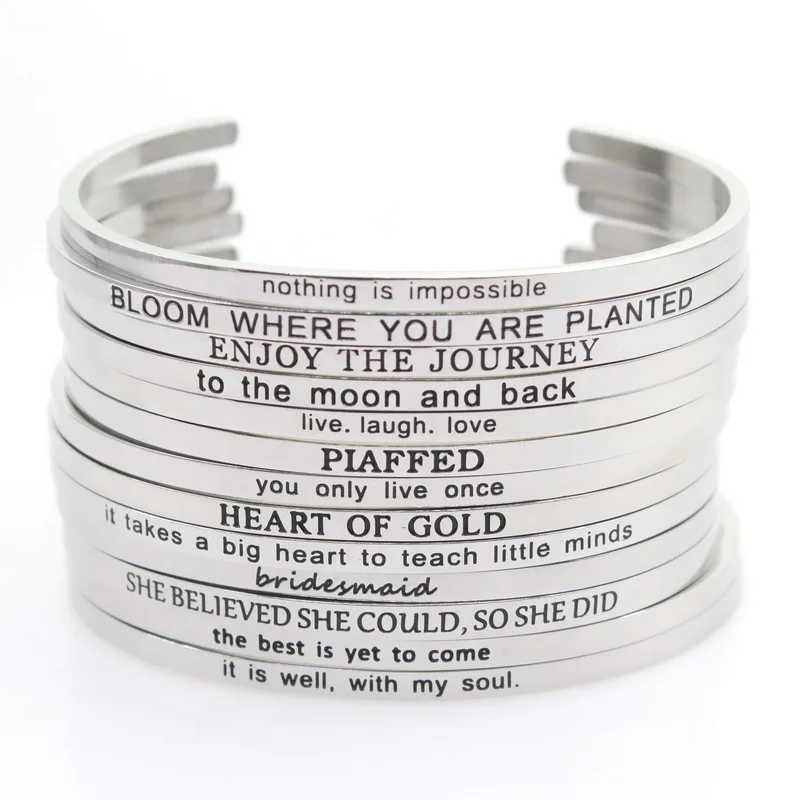 Silver Stainless Steel 10pcs Random Bangle Engraved Positive Inspirational Quote Hand Stamped Cuff Mantra Bracelet For Men Women
Silver Stainless Steel 10pcs Random Bangle Engraved Positive Inspirational Quote Hand Stamped Cuff Mantra Bracelet For Men Women