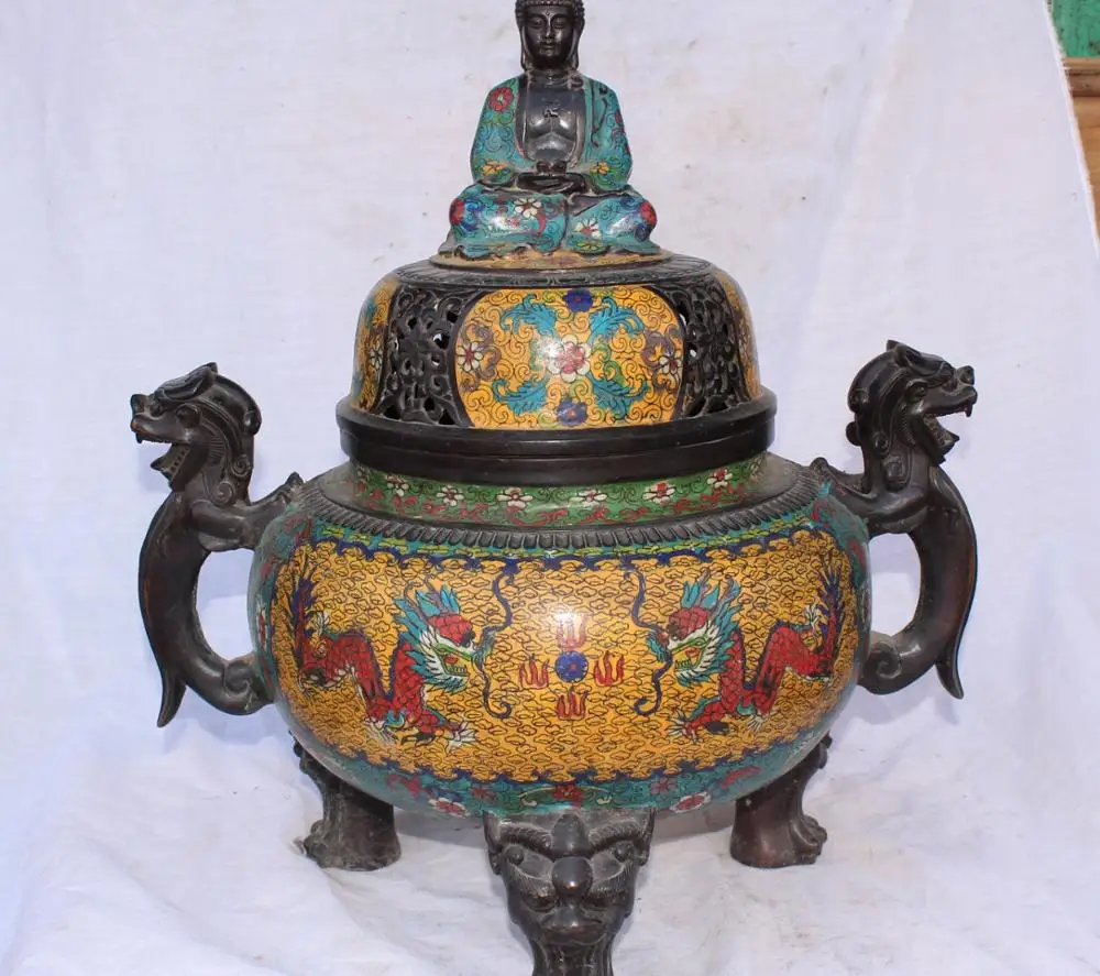 22" Marked Bronze Cloisonne Enamel Dragon Lion Shakyamuni Buddha Incense Burner
22" Marked Bronze Cloisonne Enamel Dragon Lion Shakyamuni Buddha Incense Burner