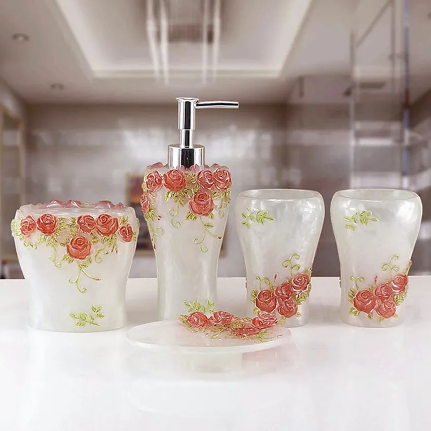 Resin bathroom set five pieces bathroom kit translucent surface decorative rose emblema wedding giftbox
Resin bathroom set five pieces bathroom kit translucent surface decorative rose emblema wedding giftbox