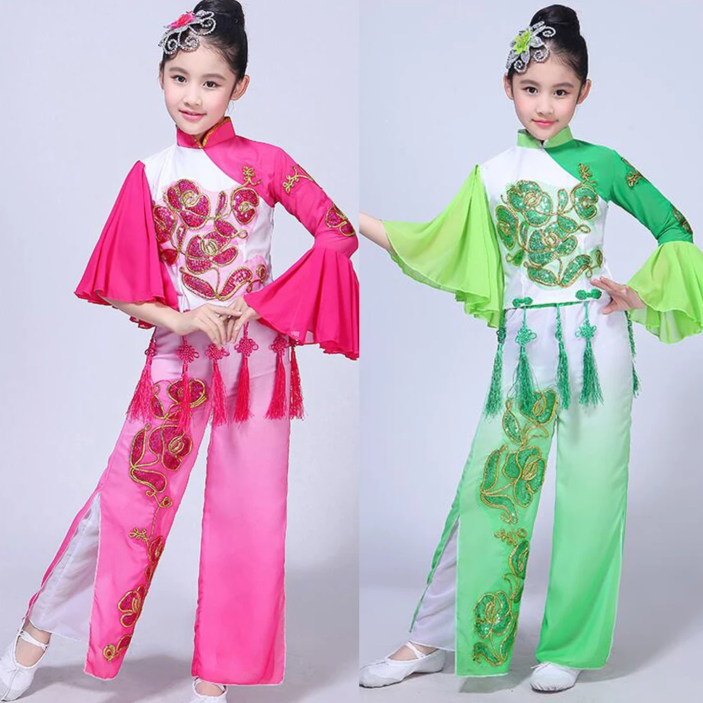 Детский костюм для китайских народных танцев зелено розовый Янко детская