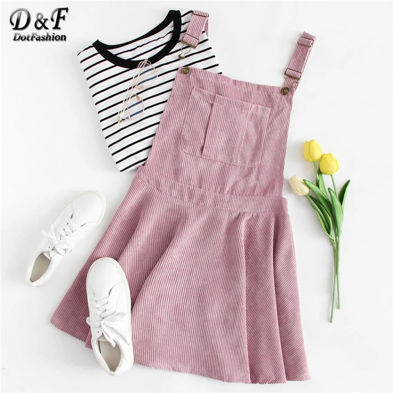 

Dotfashion Pink Pocket Front Zip Up Back Corduroy Pinafore Dress Women Clothes Autumn 2019 New Casual Sleeveless Preppy Dress