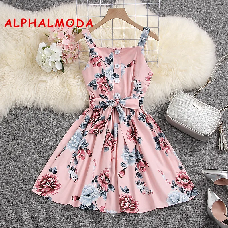 

ALPHALMODA 2019 Summer Floral Tank Dress Single Breasted High Waist Sashes Ladies Casual Sweet Sundress M-L