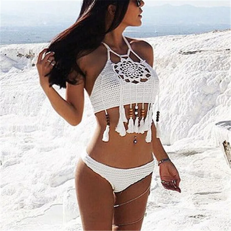 

2019 Summer Swimsuits Knitted Beaded Tassels Bikini Set Women Halter Beach Hollow Out Fringe Bodycon Crop Top Bathing Swimwear