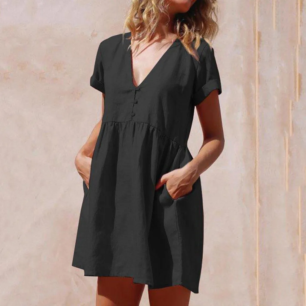 New Fashion Loose Solid Color Dress Women Summer Short Sleeve Linen Dress Loose A-line Party Sundress Button Dress ropa mujer
New Fashion Loose Solid Color Dress Women Summer Short Sleeve Linen Dress Loose A-line Party Sundress Button Dress ropa mujer