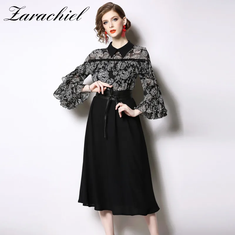 2019 Spring Flower Print Chiffon Patchwork Midi Dress Women Elegant Vintage Beading Flare Sleeve Black Office Dress With Belt
2019 Spring Flower Print Chiffon Patchwork Midi Dress Women Elegant Vintage Beading Flare Sleeve Black Office Dress With Belt