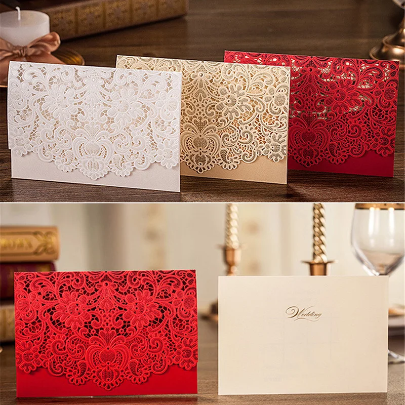 Image 1pcs Sample Gold Red White Laser Cut Luxury Flora Wedding Invitations Card Elegant Lace Envelopes   Seals Event   Party Supplies