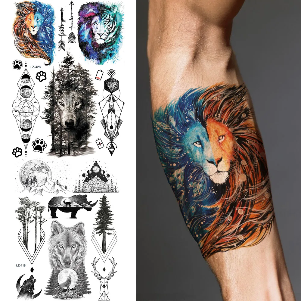 Водостойкая черная тату-наклейка Galaxy Lion Tiger Forest тело лисы руки вселенные тату