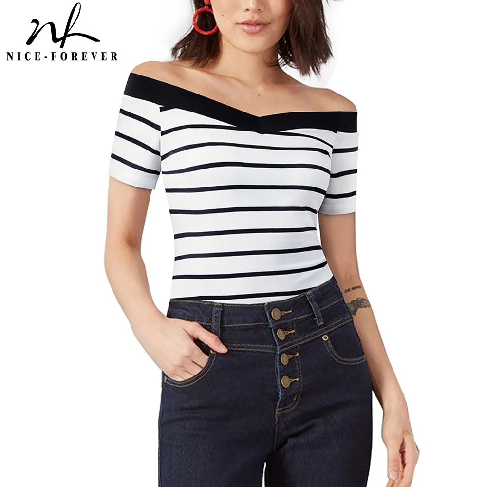 Nice-Forever Casual Basic Stripes Patchwork t-shirts Short Sleeve with Slash Neck Women Summer Tees tops T042
Nice-Forever Casual Basic Stripes Patchwork t-shirts Short Sleeve with Slash Neck Women Summer Tees tops T042