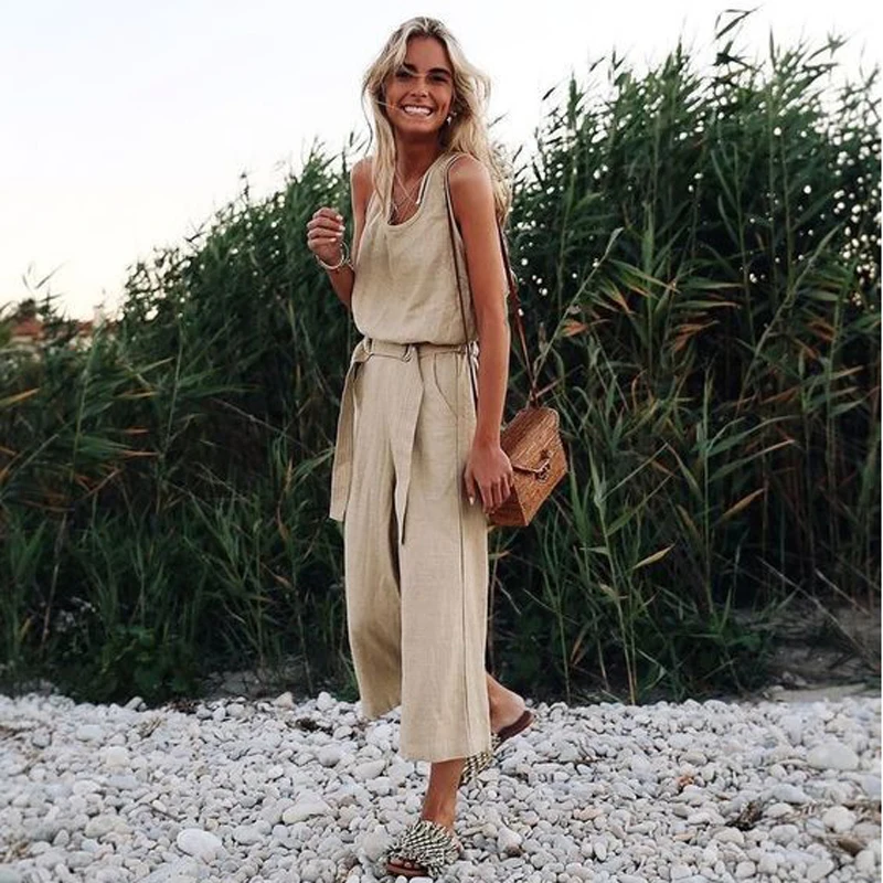 Casual Loose Cotton Linen Jumpsuit 2019 Summer Solid Sleeveless Vest Conjoined Wide Leg Pants Straight Sashes Lace Up Jumpsuit
Casual Loose Cotton Linen Jumpsuit 2019 Summer Solid Sleeveless Vest Conjoined Wide Leg Pants Straight Sashes Lace Up Jumpsuit