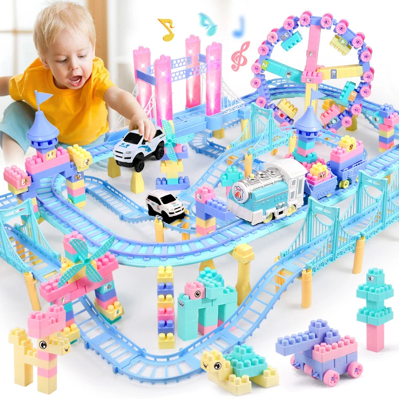 akitoo Early childhood education Large particles of plastic Assembled plug Electric block Music Light Track Train Toys hqom gift |