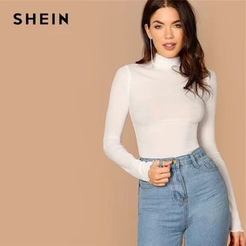 

SHEIN Basic Office Lady Solid Mock Neck Lettuce Trim Long Sleeve Skinny Pullovers Tee Autumn Casual Women Tshirt Top