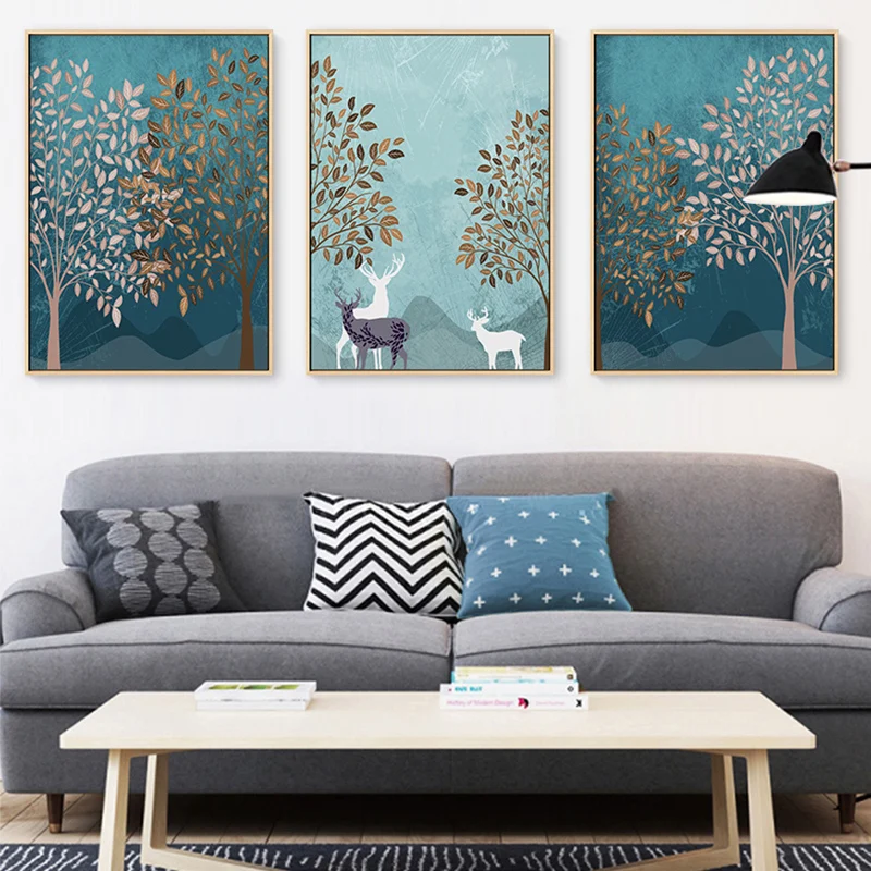 

Nordic Silhouette of Deer Family with Pine Forest Tree Canvas wall Art Print Proters And Prints Oil Painting for Home Decoration