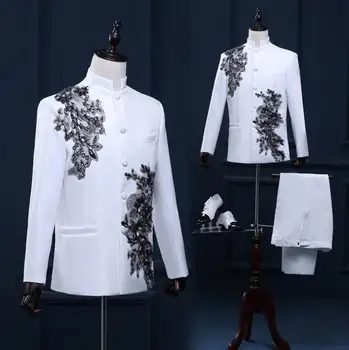 Singer dance stage clothing for men chinese tunic suit set with pants mens wedding suits groom formal dress white stand collar
Singer dance stage clothing for men chinese tunic suit set with pants mens wedding suits groom formal dress white stand collar