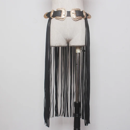 

Fantastic Long Fringe Belt Black Designer Belts for Women Faux Leather Long Tassels Double Gold Pin Buckle belt Spot on trendy!