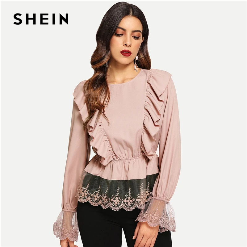 SHEIN Pink Ruffle Detail Lace Peplum Top Casual Pullover Round Neck Long Sleeve Blouses Autumn Women Elegant Tops And Blouses
SHEIN Pink Ruffle Detail Lace Peplum Top Casual Pullover Round Neck Long Sleeve Blouses Autumn Women Elegant Tops And Blouses