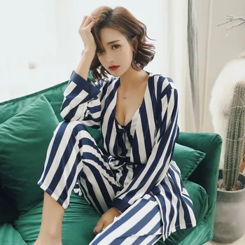 2018 Spring women Silk Pajamas Set 3 Pcs Striped Sexy Women Pajama Sets Nightdress+Robe+Pant Female Pajamas
2018 Spring women Silk Pajamas Set 3 Pcs Striped Sexy Women Pajama Sets Nightdress+Robe+Pant Female Pajamas