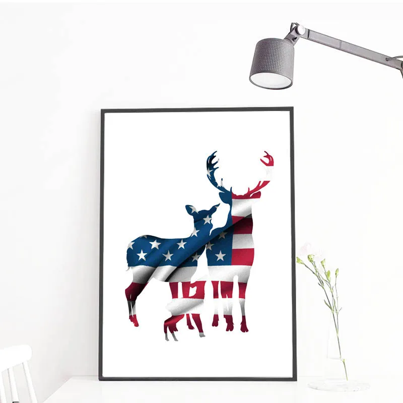 

Silhouette of Deer with Flag of U.S.A Canvas Art Print Poster, Wall Picture for Living Room Decoration, Hogar Decor Painting