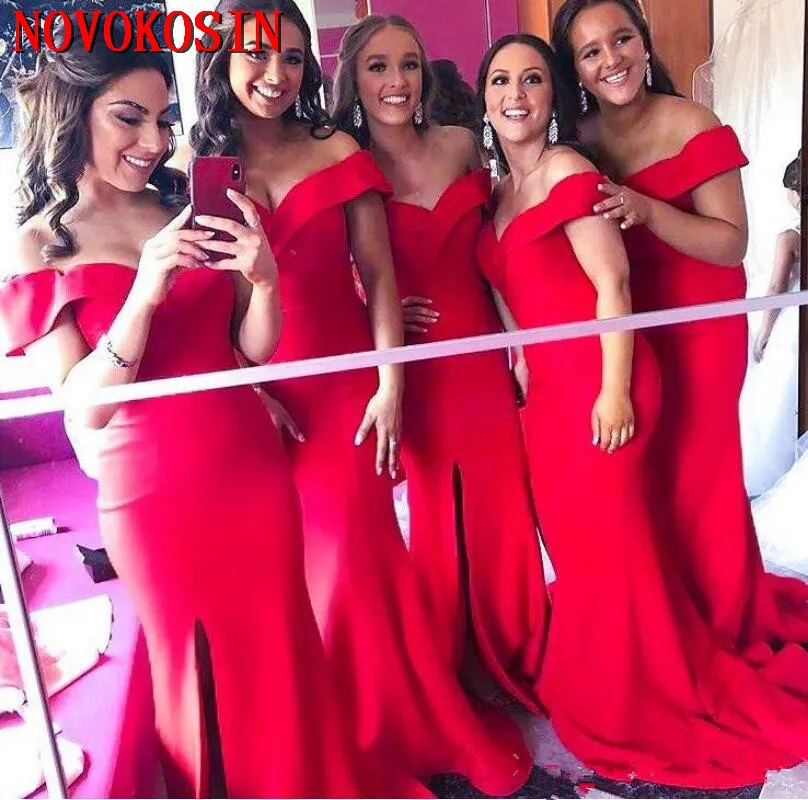2019 Elegant Off The Shoulder Satin Mermaid Long Bridesmaid Dresses Front Split Sweep Train Wedding Guest Maid Of Honor Dresses
2019 Elegant Off The Shoulder Satin Mermaid Long Bridesmaid Dresses Front Split Sweep Train Wedding Guest Maid Of Honor Dresses