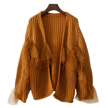 Sweat Hand Knitted Cardigan Lazy Wind Sweater Jacket Gauze Ruffles Coat Women's Short Mesh Stitching Loose Thick Wool Tops
Sweat Hand Knitted Cardigan Lazy Wind Sweater Jacket Gauze Ruffles Coat Women's Short Mesh Stitching Loose Thick Wool Tops