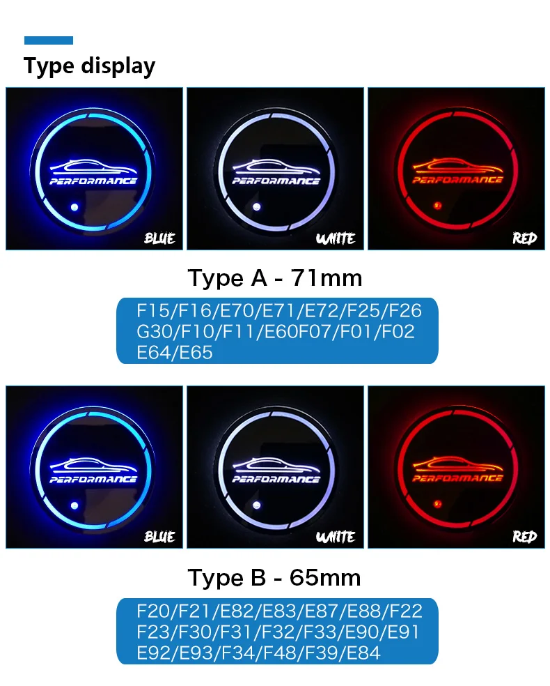 LED PERFORMANCE Car Coasters Cup Mats for BMW G30 F30 F34 F20 F10 F15 F16 F25 F26 F07 F48 E70 E90 E92 E60 E84 E87 (2)