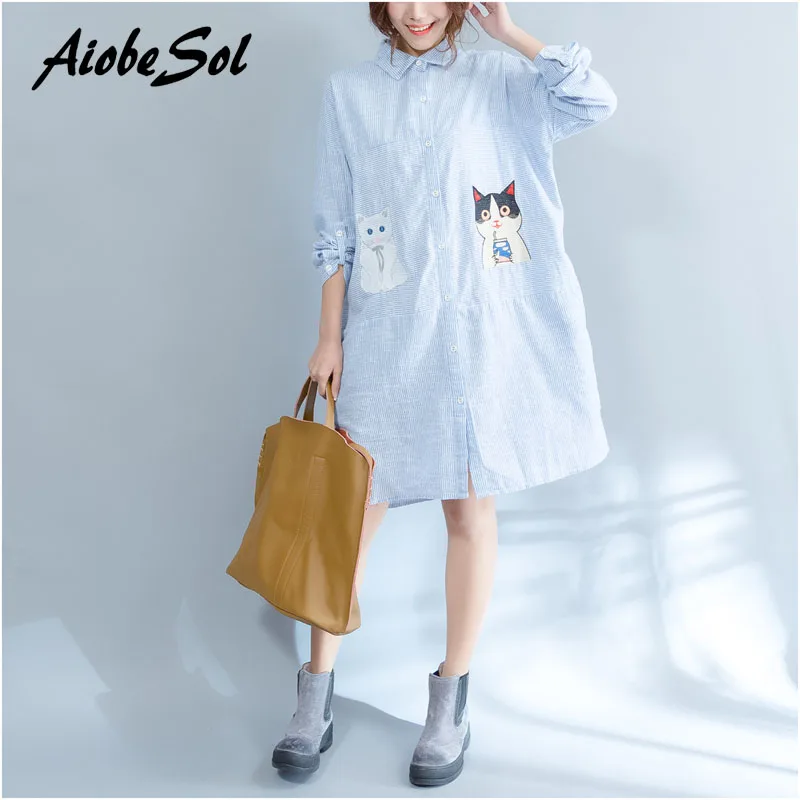 Image Plus Size Women Striped Shirt Dress Spring New Long Sleeve Cartoon Cat Embroidery Single Breasted Work Wear Loose Midi Dress