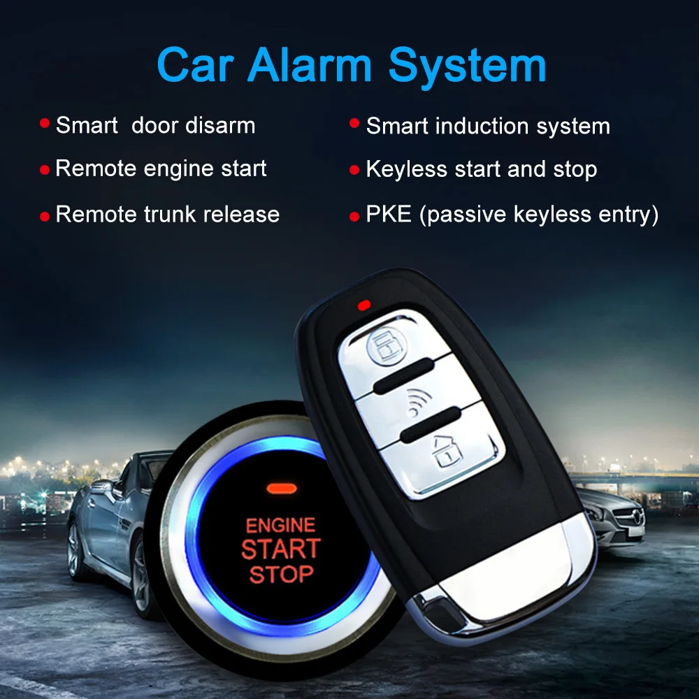 Universal Car Remote Engine Start One Key Engine Start Keyless Entry for Car with Shock Sensor Car Alarm System Remote Key or Phone Control 
