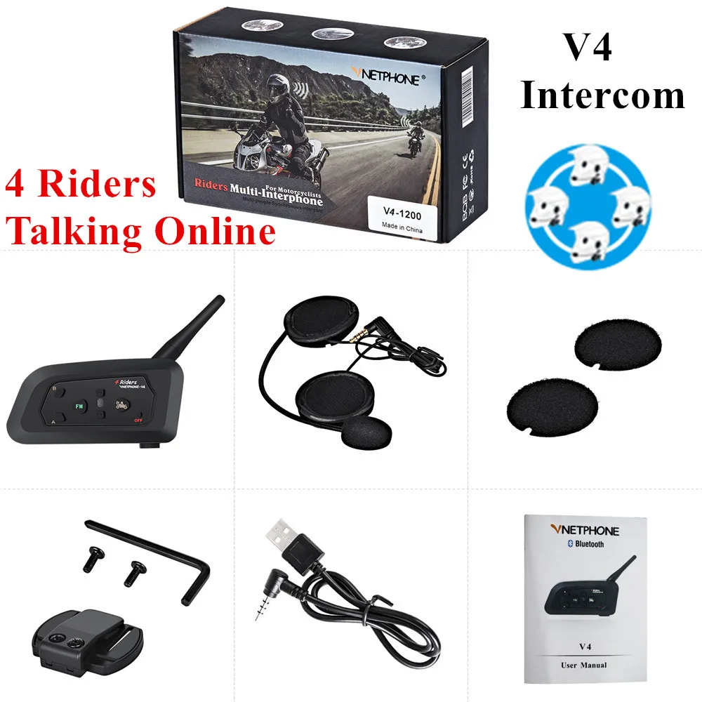 V4 Motorcycle Helmet Headset FM Radio Intercom up to 4 Riders Waterproof 1200m Wireless Bluetooth Intercomunicador Interphone CE
V4 Motorcycle Helmet Headset FM Radio Intercom up to 4 Riders Waterproof 1200m Wireless Bluetooth Intercomunicador Interphone CE