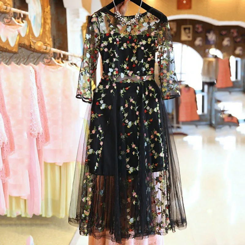 ROPALIA New Fashion Boho Vintage Floral EmbroideryC Runway Dress Casual See Through Vestidos Party T7 | Женская одежда