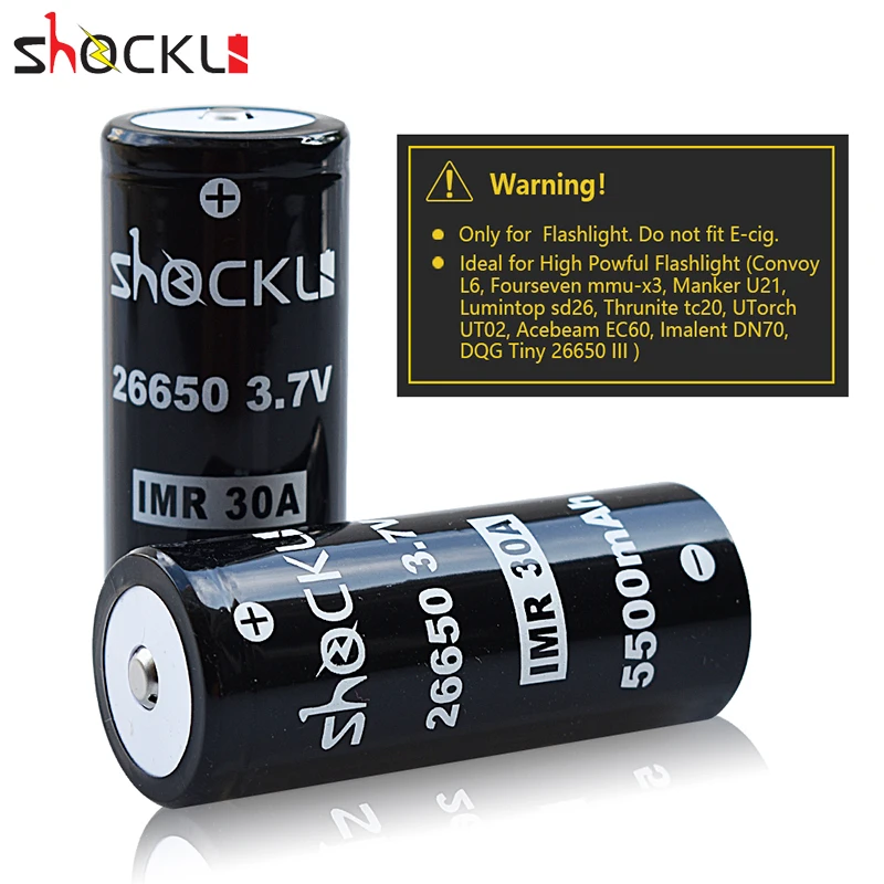 26650 Battery Shockli 3.7V 5500mAh high capacity 30A Lithium Rechargeable Battery for High Power Torch Light LED Flashlight
26650 Battery Shockli 3.7V 5500mAh high capacity 30A Lithium Rechargeable Battery for High Power Torch Light LED Flashlight